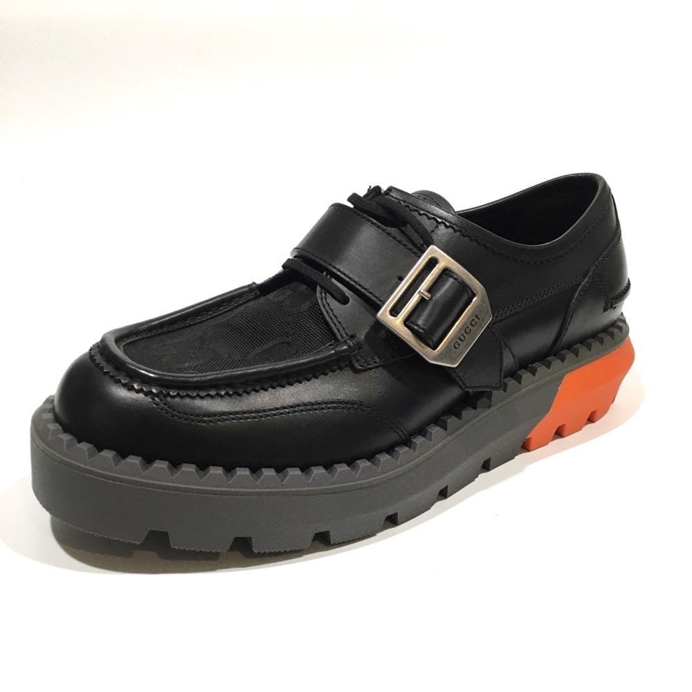 GUCCI LACE-UP BUCKLE LEATHER LOAFERS -BLACK / ORANGE -MEN US 10.5 -NEW